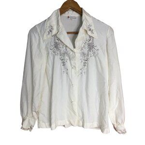 Vintage Womens Hand Embroidered Silk Blouse Top Button Front Collared Beige M